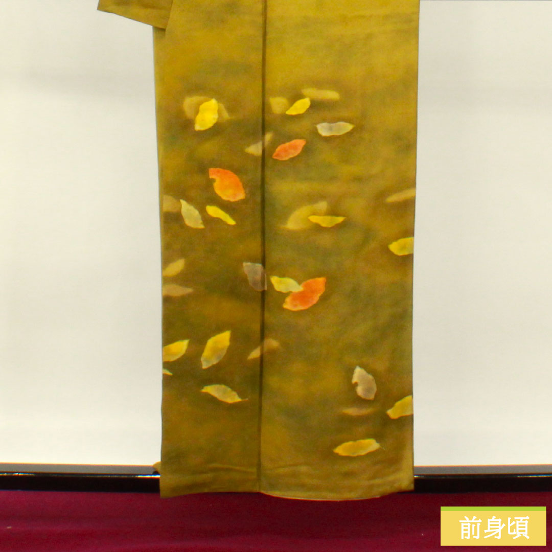 訪問着 正絹 袷 身丈157cm 裄丈66cm 青宣徳色(あおせんとくいろ) 濡れ描き 落葉模様 Aランク 緑系 1112004853319