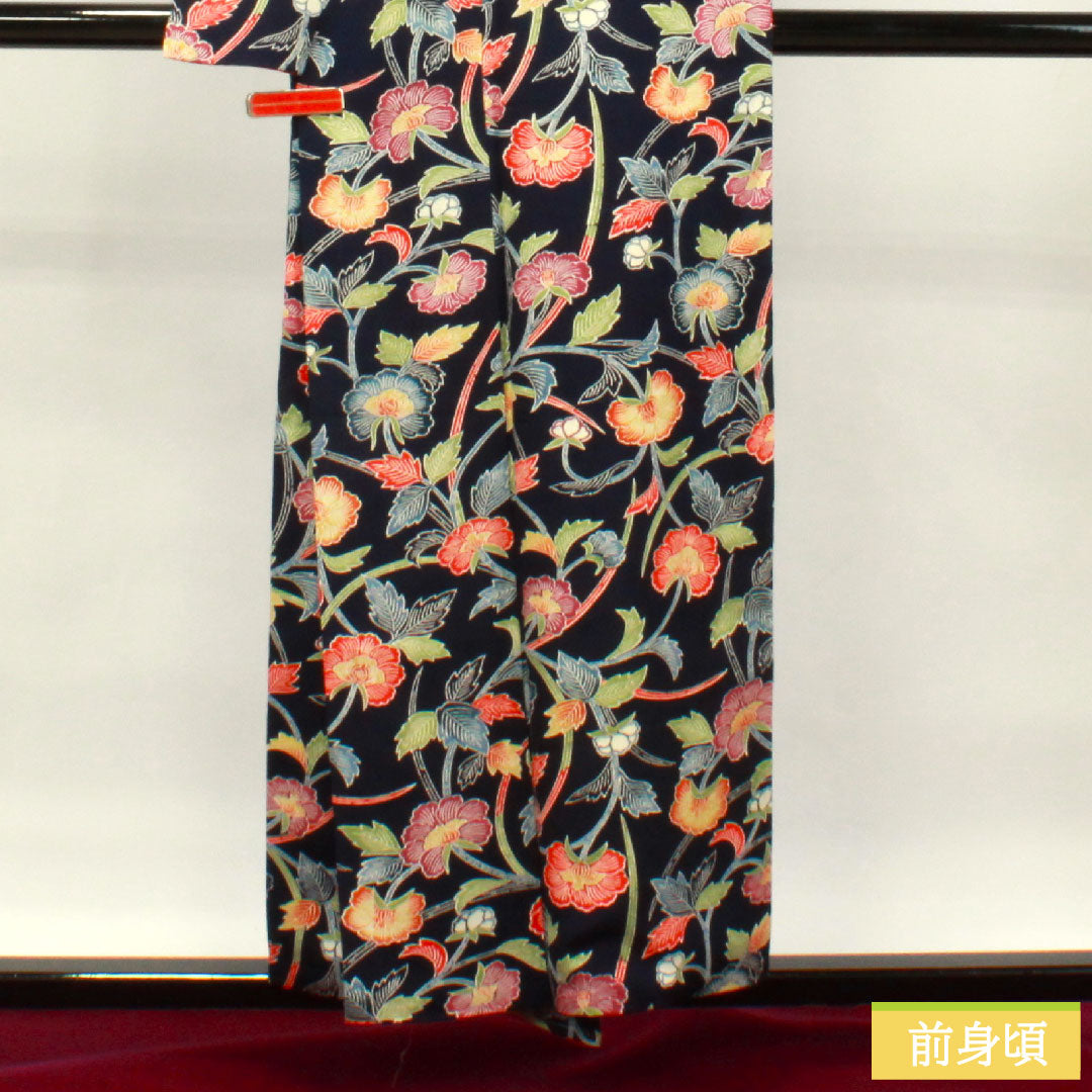 小紋 正絹 身丈155cm 裄丈62.5cm 袷 紺桔梗色 京紅型 草花模様 Bランク 紺系 1115003784318