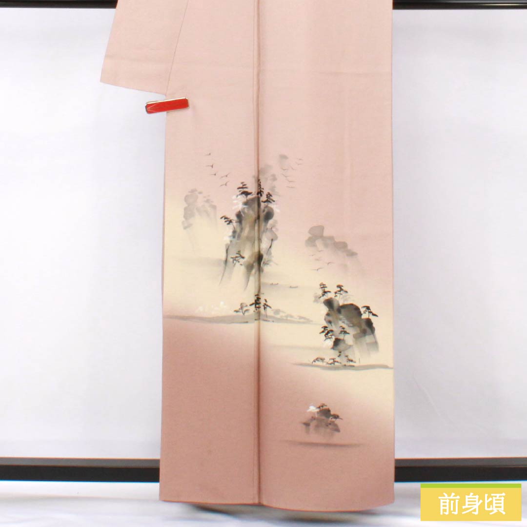 訪問着 正絹 Aランク 袷 身丈160cm 裄丈64cm 退紅色(あらそめいろ) 手描き 風景画 ピンク系 1112007153413