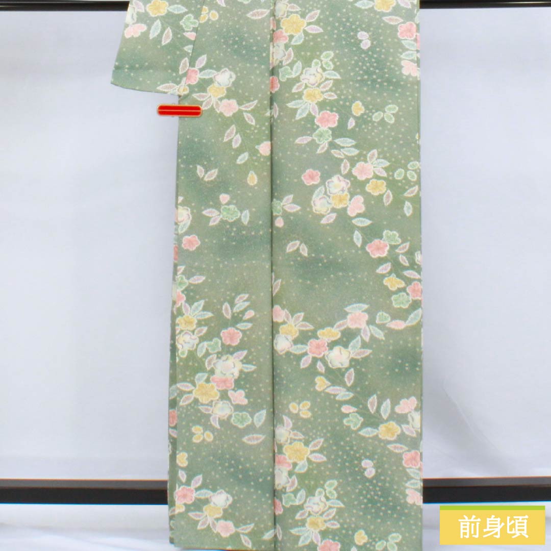 小紋 ポリエステル Sランク 身丈163.5cm 裄丈65cm 袷 裏葉色(うらはいろ) 京友禅 辻ヶ花 緑系 1115006822419