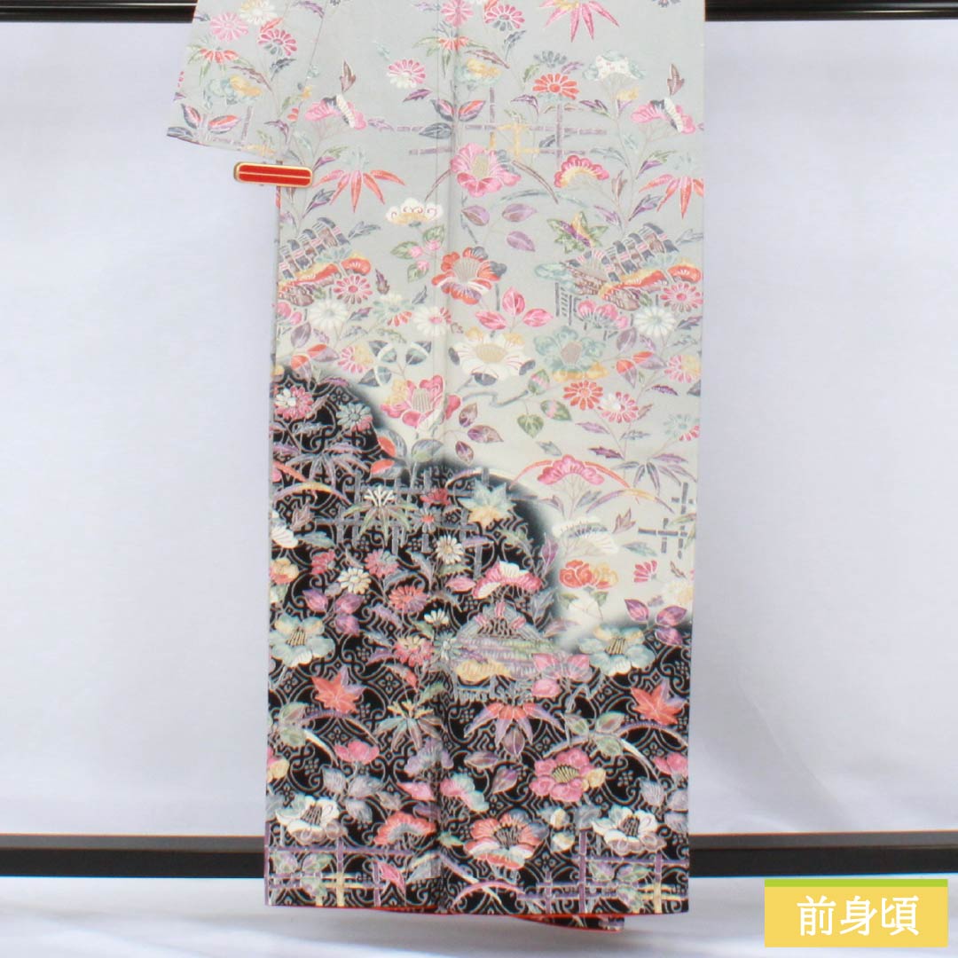 訪問着 正絹 Sランク 袷 身丈160cm 裄丈64cm 京友禅 藤 桜 グレー系 1112006302422