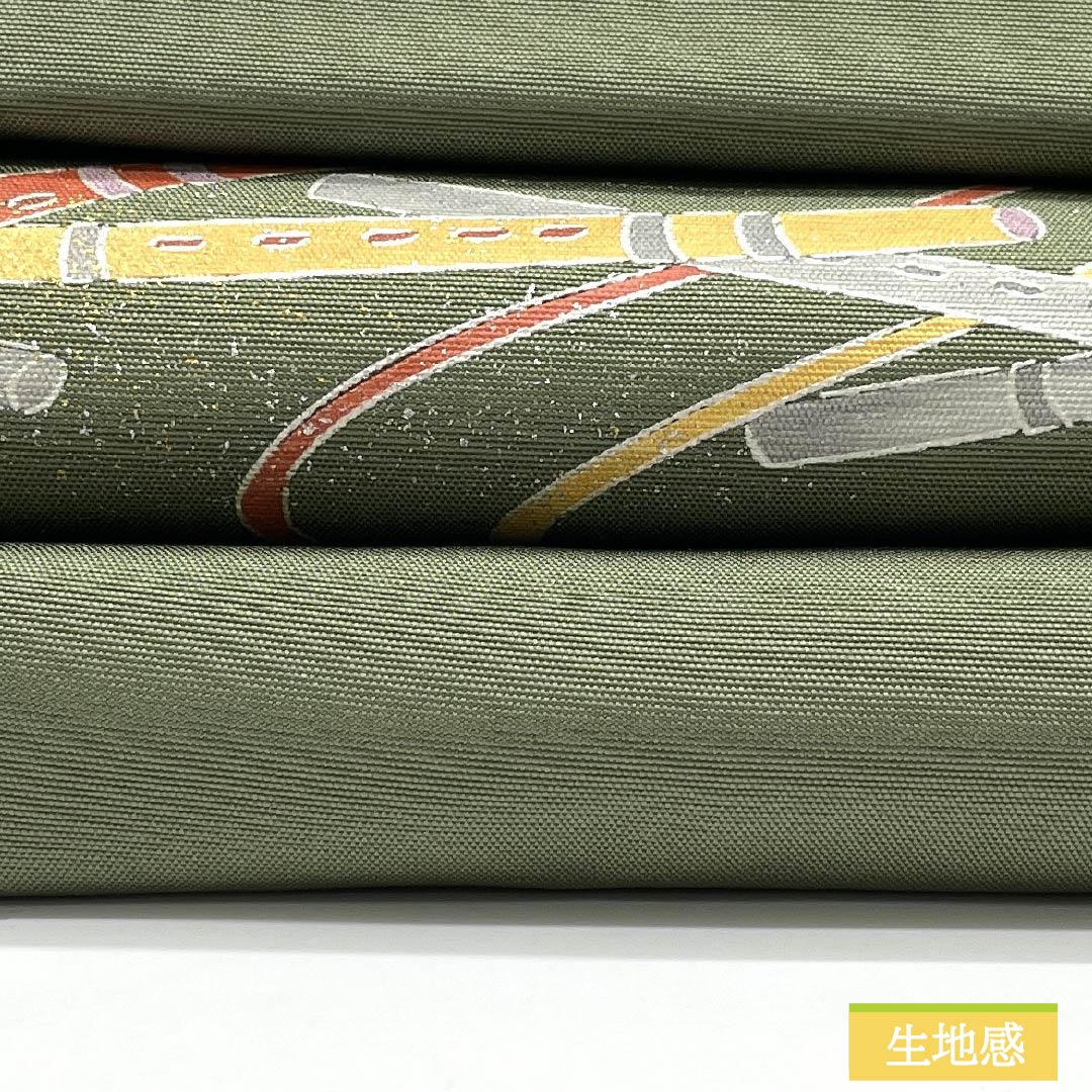 名古屋帯 正絹 Sランク 岩井茶色(いわいちゃいろ) 染め帯 笛 帯丈372cm ポイント柄 セミフォーマル 緑系 1124010672319 名古屋仕立て