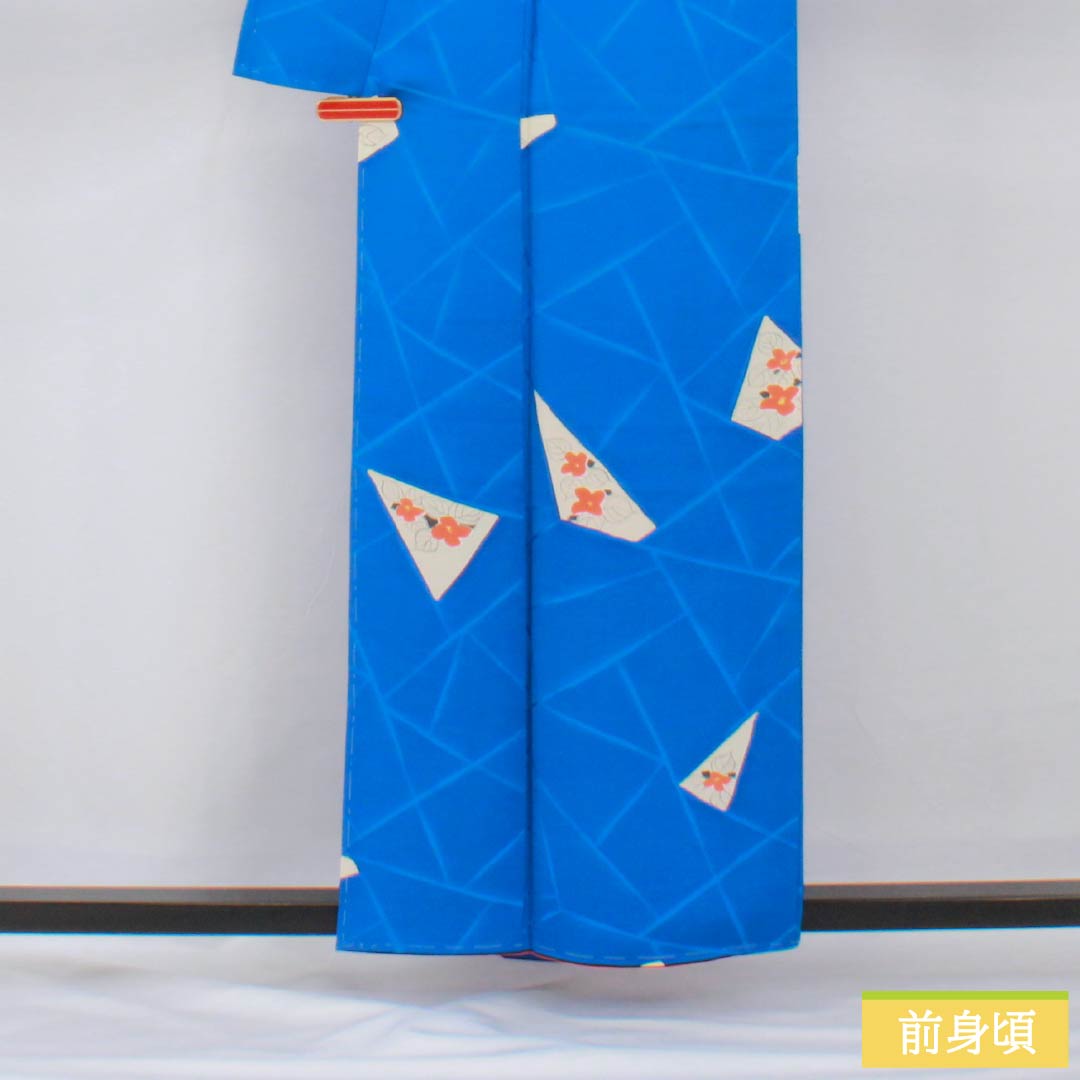 Komon, pure silk, length 159cm, sleeve length 64.5cm, lined, gold and blue pearl color, Kyoto Yuzen, split pattern, flower pattern, with basting thread, A rank, blue, 1115005753317