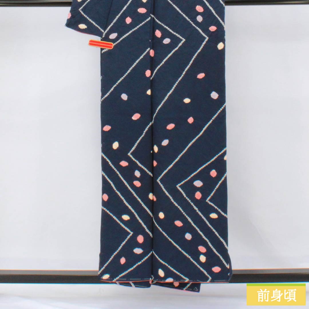 小紋 正絹 Sランク 身丈154.5cm 裄丈62.5cm 袷 濃紺色(のうこんいろ) 線 小帽子絞り しつけ糸付き 紺系 1115006762218