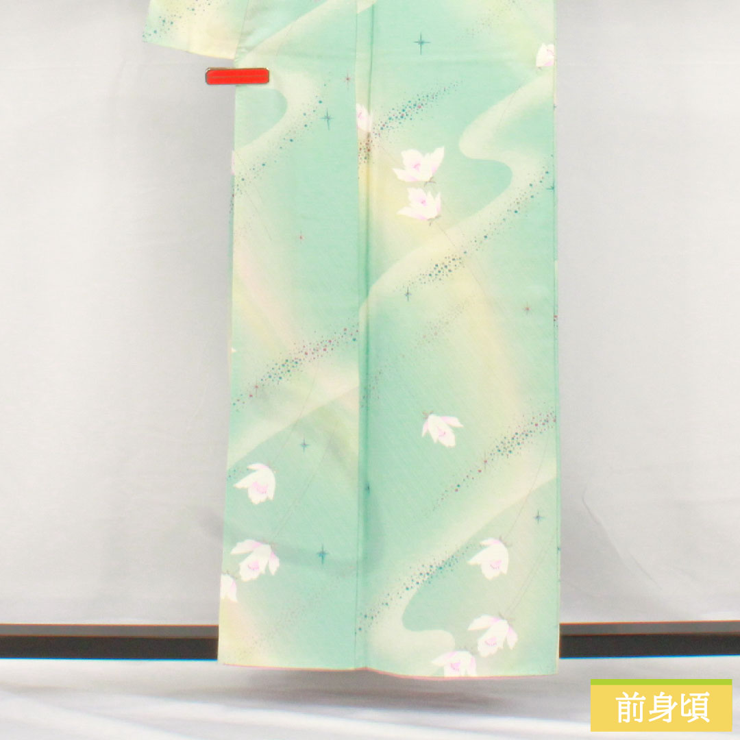 小紋 正絹 身丈157cm 裄丈63cm 袷 抽象花 銀彩加工 Sランク 水色系 1115004902324