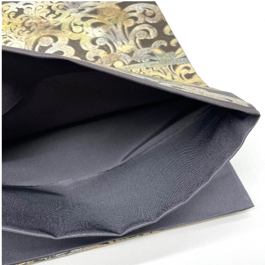 (未仕立)袋帯 憲房色(けんぼういろ) 金唐皮(きんからかわ) 抽象模様 帯丈474cm 正絹 Sランク 六通 フォーマル 茶系 1123006072414