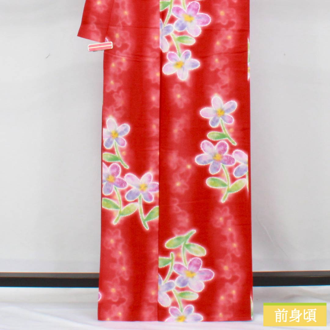 Yukata (Cotton) Length: 165cm, Sleeve Length: 69cm, Rank A, Single Layer, Vermilion, Crimson Silk (Momioiro) with Floral Pattern, Hiromichi Nakano, Product Number: 1118006133516