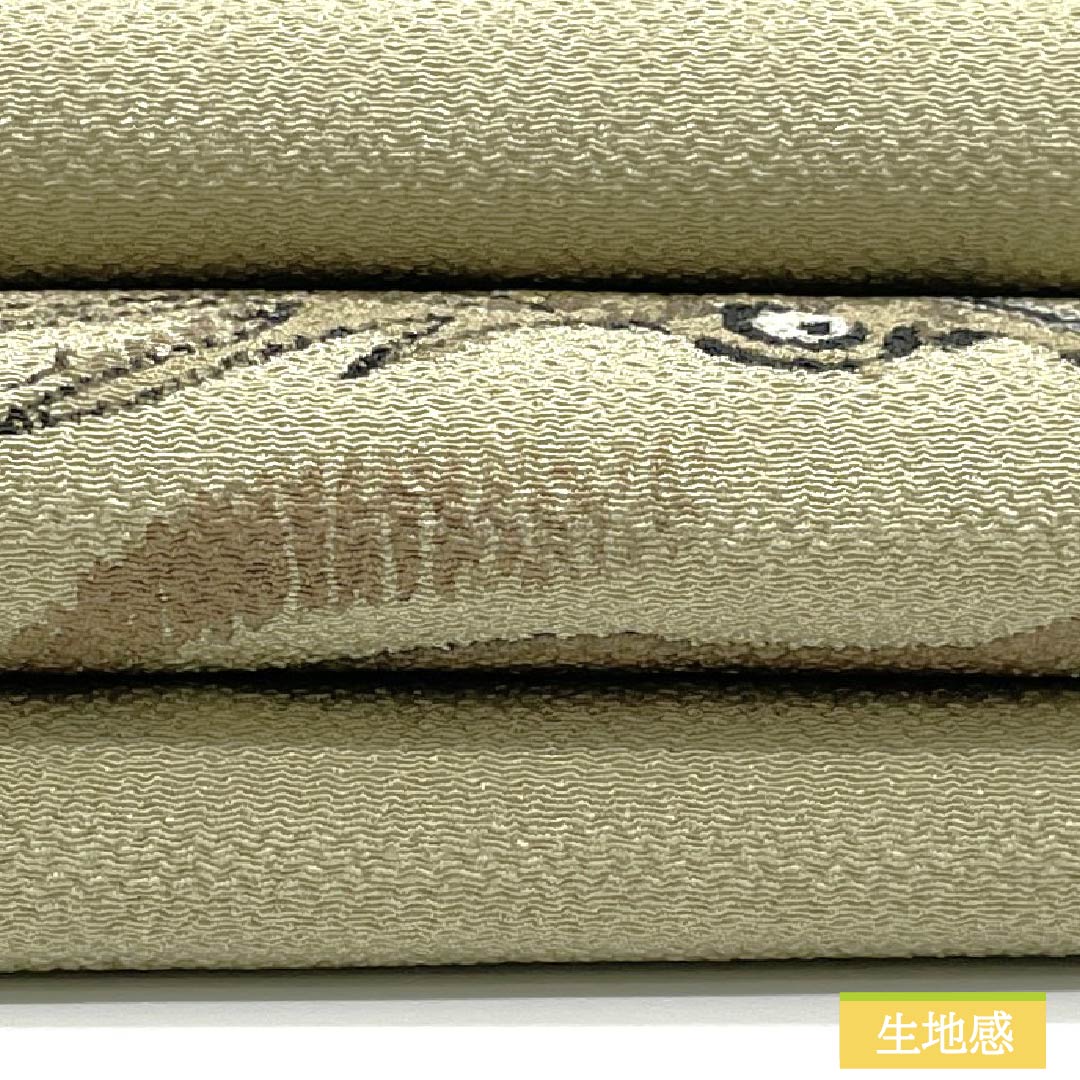 名古屋帯 正絹 Aランク 利休白茶色(りきゅうしらちゃいろ) 染め帯 ちりめん地 おこぜ 帯丈360cm ポイント柄 カジュアル 緑系 1124010543319 名古屋仕立て