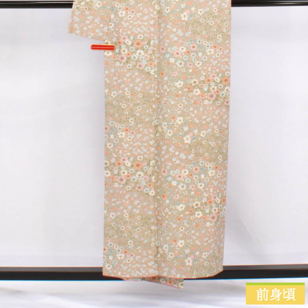 Komon (small pattern) polyester kimono, S rank, length 154cm, sleeve length 63cm, lined, Kouiro (scented color) stencil dyed floral pattern, washable, beige, 1115006532225