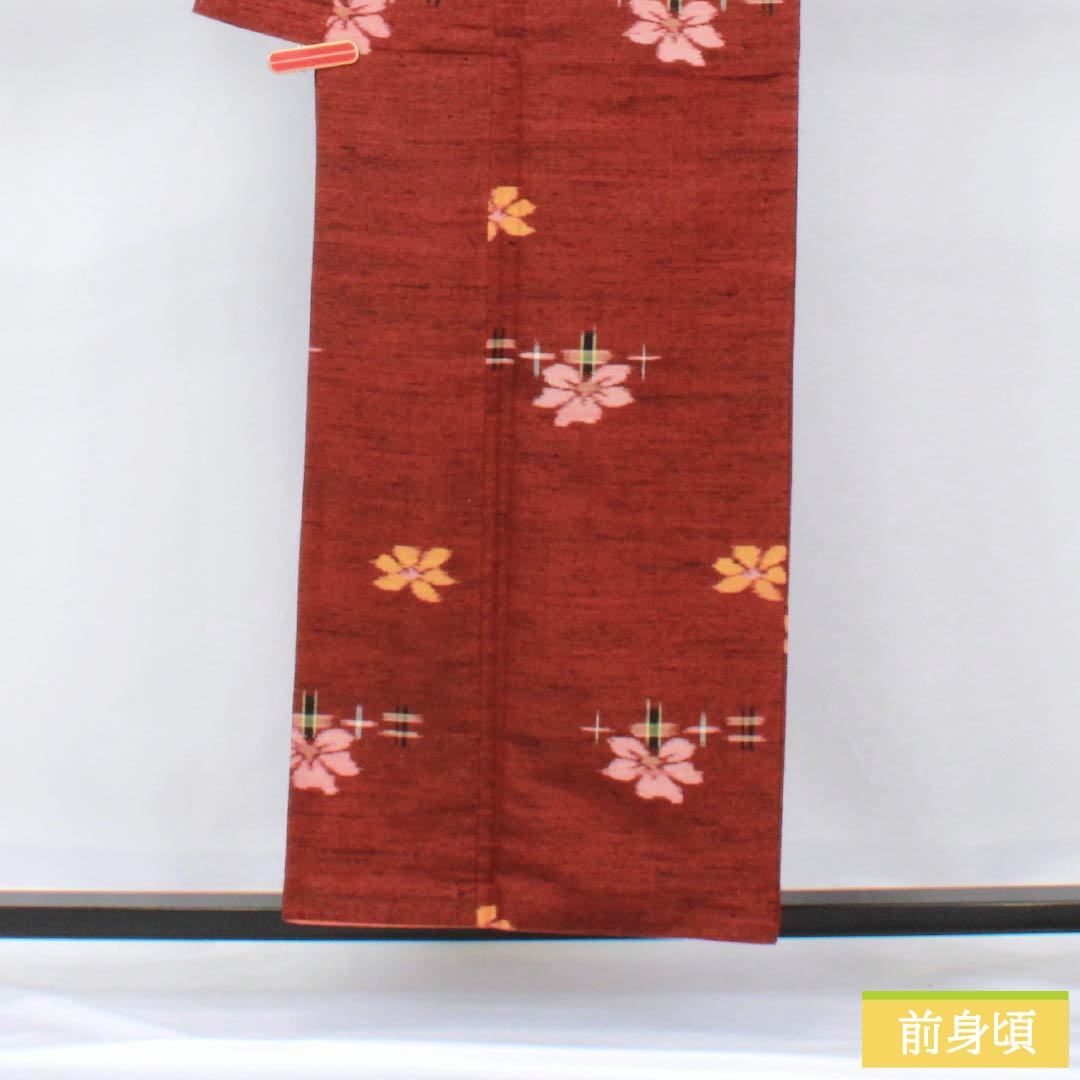 紬 正絹 Sランク 身丈156cm 裄丈65cm 赤銅色(しゃくどういろ) 花 絣 袷 茶系 1116003952314