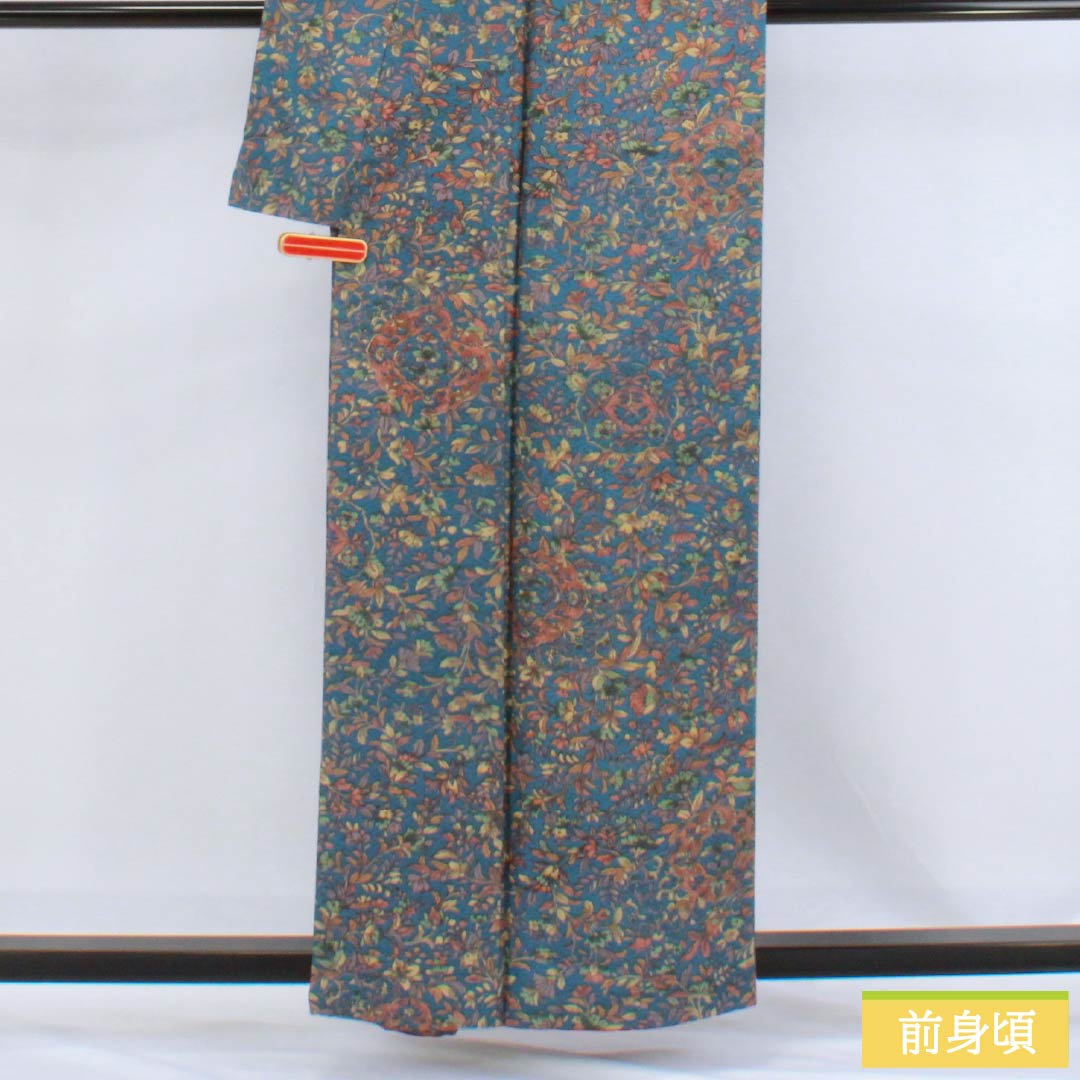 Komon silk S-rank kimono, length 158cm, sleeve length 63cm, lined, blue-tinted chintz, blue-toned, 1115006632317