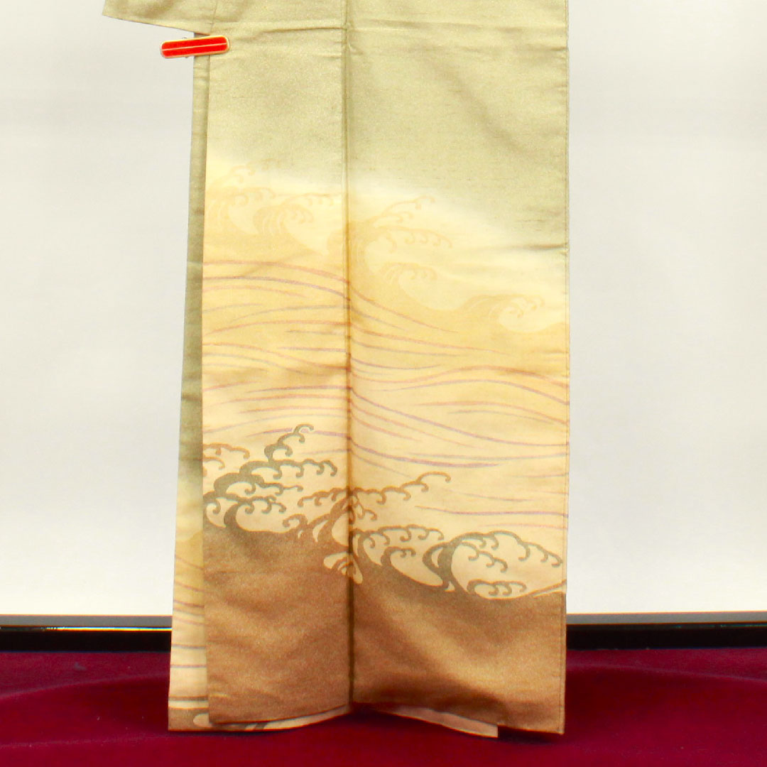 Homongi, pure silk, lined, length 164.5cm, sleeve length 65cm, wax color, pongee fabric, wave, A rank, beige, 1112003003425