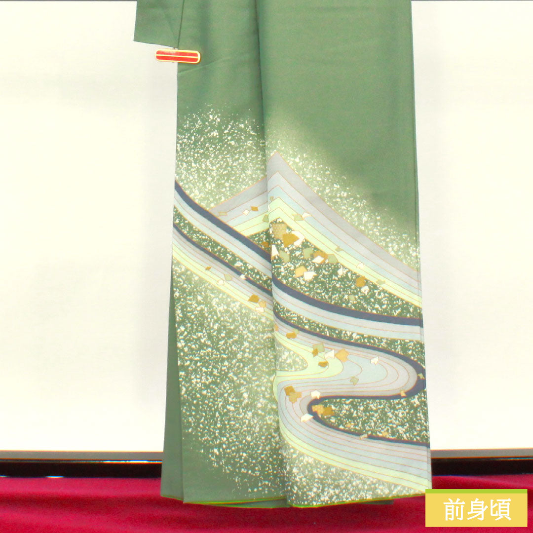 訪問着 ポリエステル 袷 身丈160.5cm 裄丈66cm 千種色(ちぐさいろ) 洗える着物 流水 Aランク 緑系 1112004603419