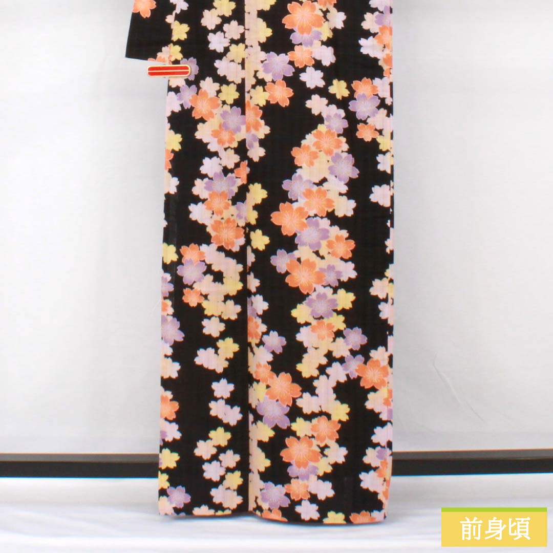 浴衣 木綿 身丈163.5cm 裄丈66.5cm Aランク 単衣 黒系 EASTBOY 桜 1118005323410