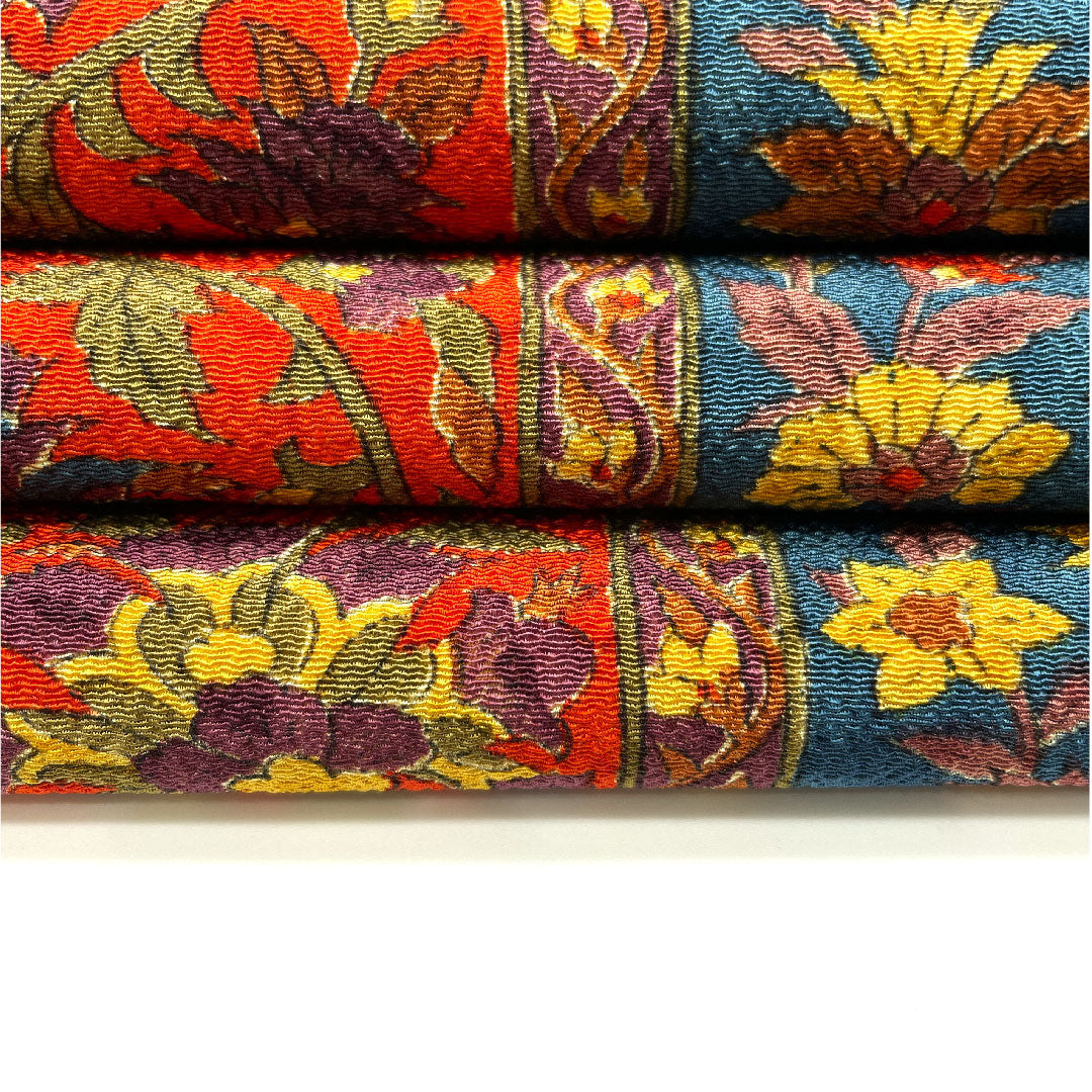 名古屋帯 縮緬 縞 花更紗模様 帯丈345cm 正絹 Sランク 全通 カジュアル 茶系 1124001722314 名古屋仕立て