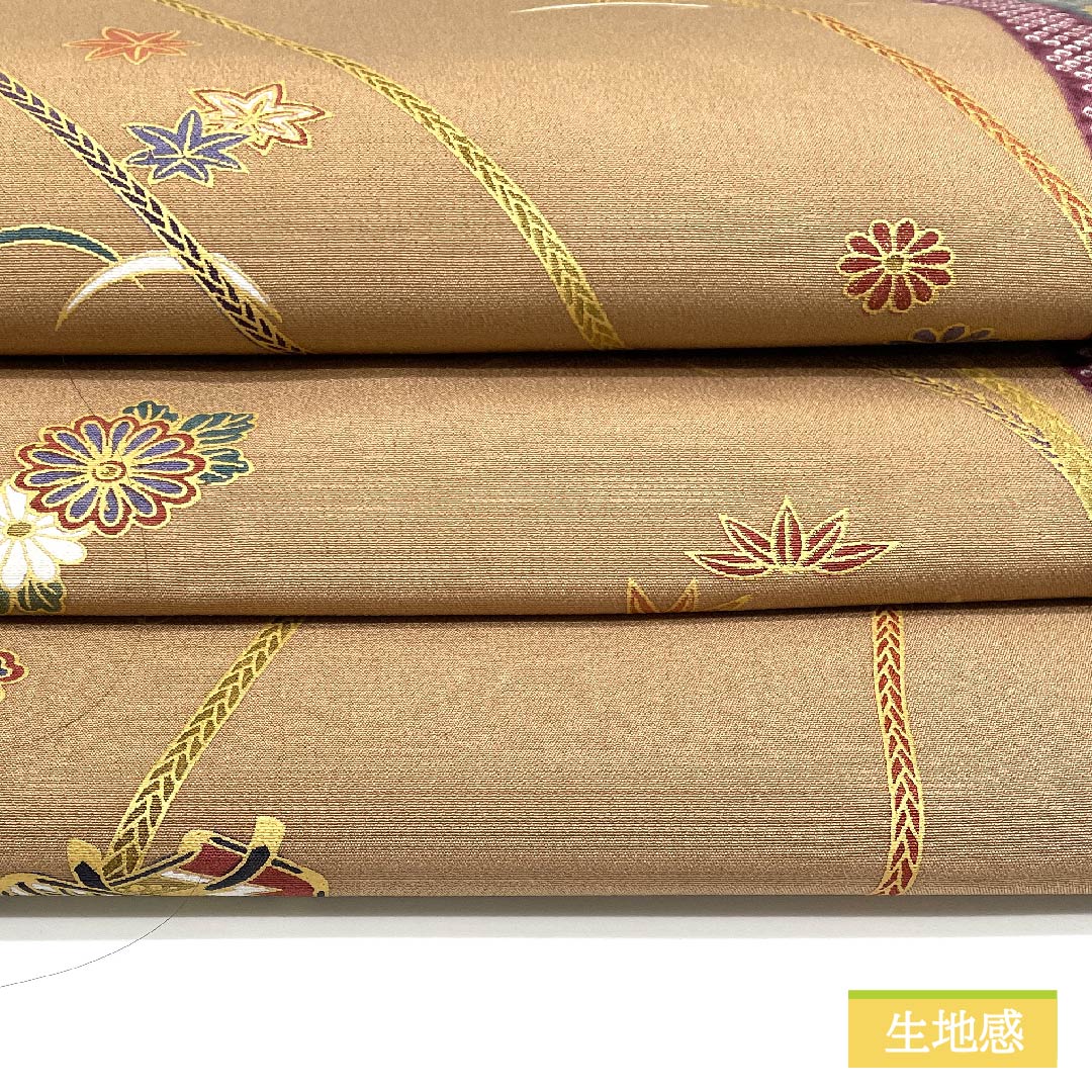 名古屋帯 浅杉染色(あさすぎそめいろ) 御所車 菊 桜 帯丈355cm 正絹 Sランク 全通 セミフォーマル ベージュ系 1124006532325 名古屋仕立て