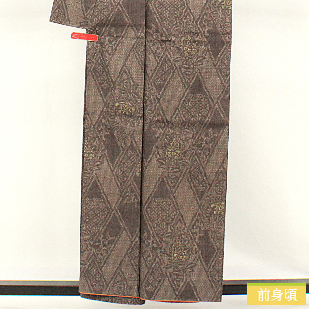 結城紬 正絹 身丈157.5cm 裄丈64.5cm 黝色 抽象模様 しつけ糸付き 未使用品 Sランク 袷 グレー系 1116003322322