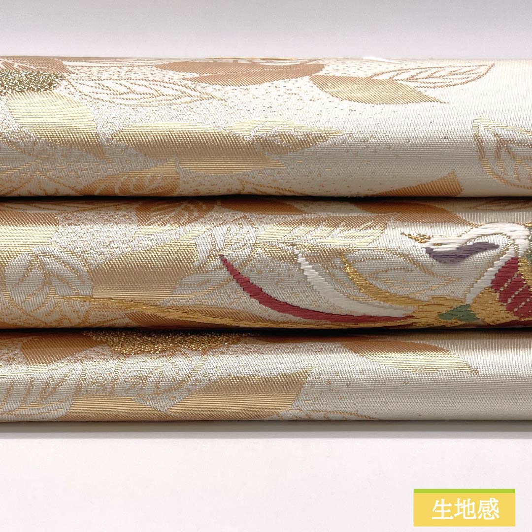 名古屋帯 胡粉色(ごふんいろ) 鳳凰 花模様 帯丈359cm 正絹 Sランク 六通 セミフォーマル クリーム系 1124008862315 名古屋仕立て