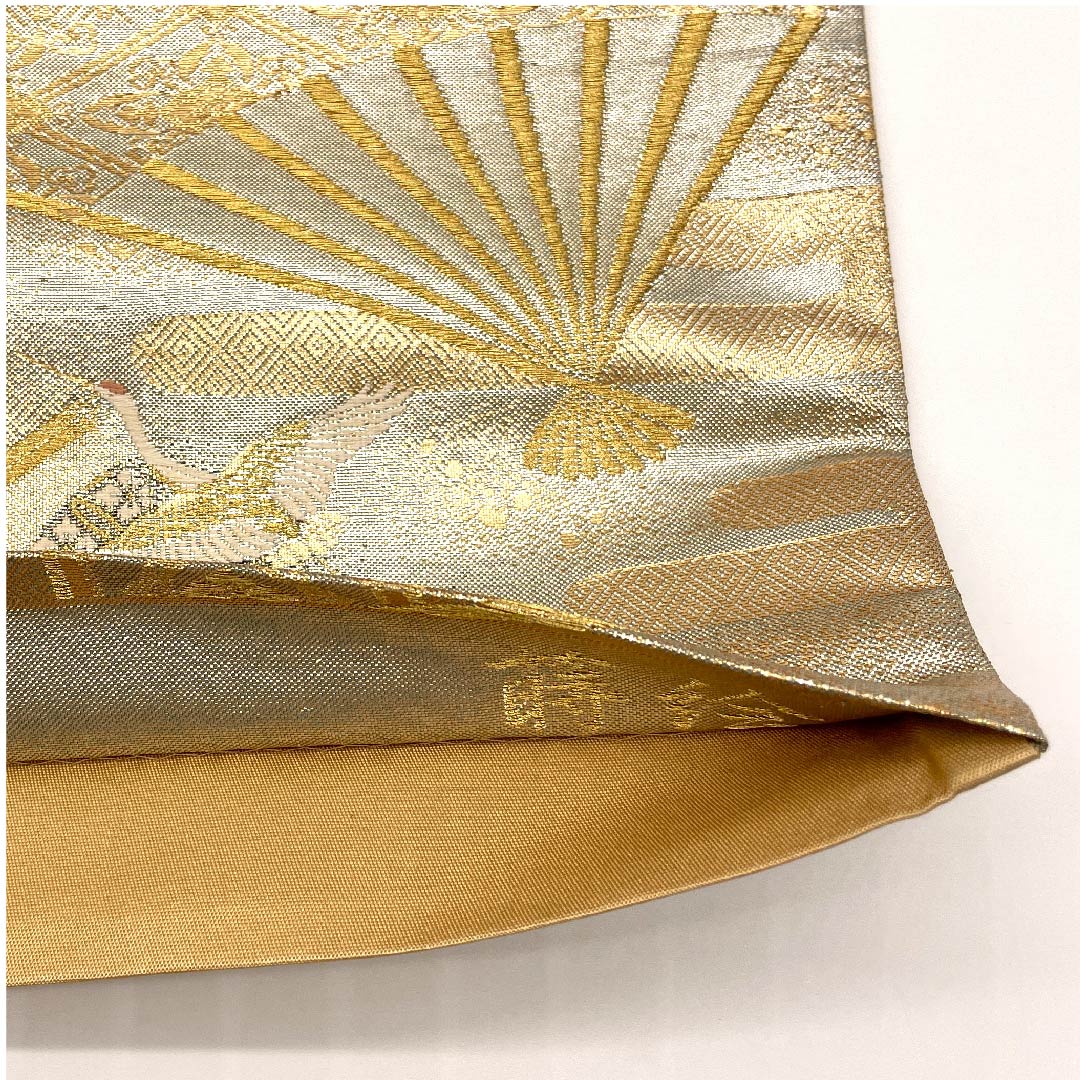 袋帯 金色 扇面 松竹梅 鶴 蒔絵 帯丈434cm 正絹 Aランク 六通 フォーマル 金系 1123009103321