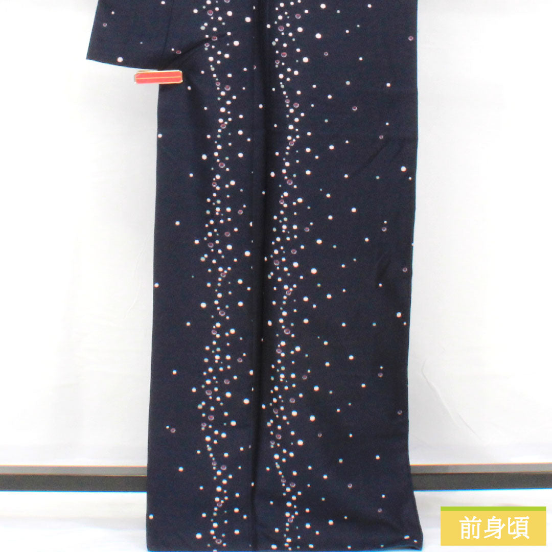 小紋 ポリエステル 身丈167cm 裄丈68cm 袷 濃紺色(のうこんいろ) 洗える着物 水玉 Sランク 紺系 1115004812518