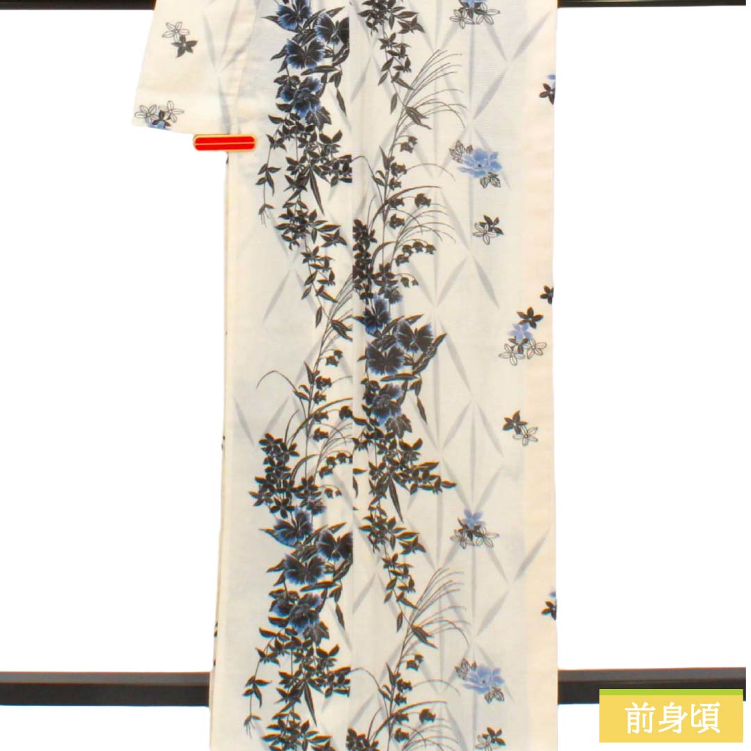 夏物 ポリエステル 小紋 Aランク 身丈166.5cm 裄丈67cm 乳白色(にゅうはくしょく) 洗える着物 草花模様 絽 クリーム系 1132005943515