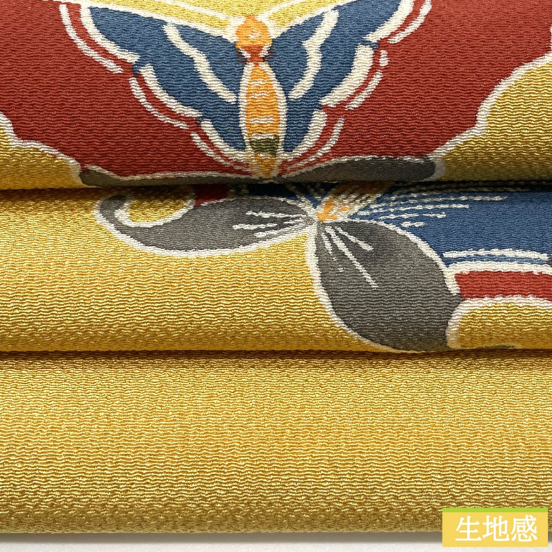 名古屋帯 麦藁色 型染 京紅型 蝶 帯丈368.5cm 正絹 Aランク ポイント柄 カジュアル 黄系 1124005543323 名古屋仕立て