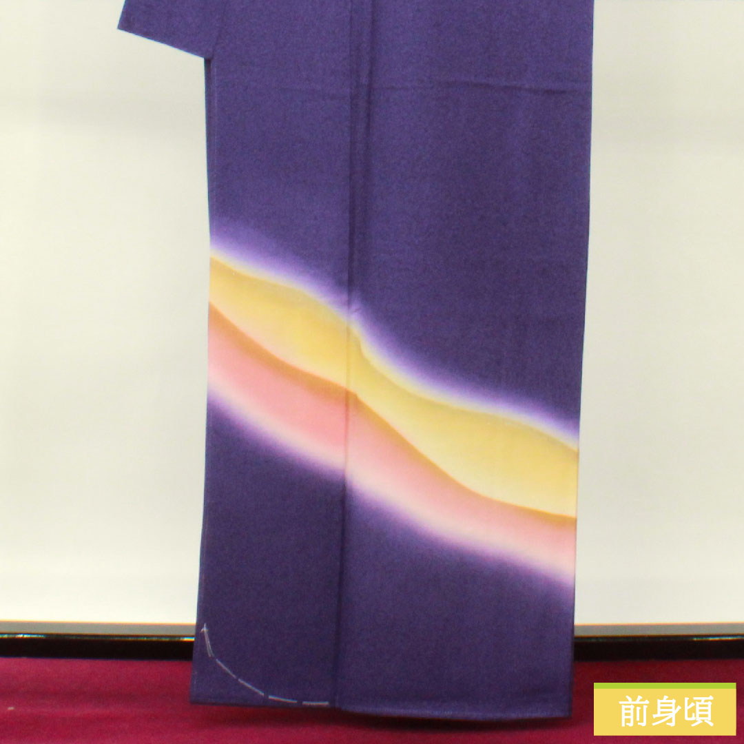 訪問着 正絹 袷 身丈163.5cm 裄丈68cm 江戸紫色(えどむらさきいろ) タタキ染 遠山模様 しあわせガード加工 Sランク 紫系 1112004862420