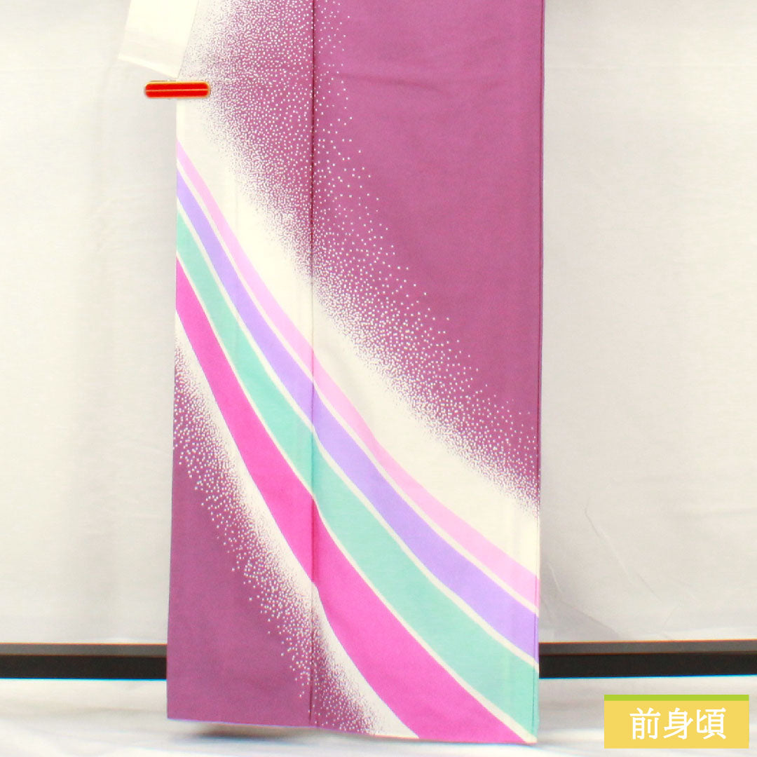 Homongi (formal kimono) made of polyester, single layer, length 161.5cm, sleeve length 66.5cm, aoi-iro (blue color), washable kimono, A rank, purple, 1112005383420