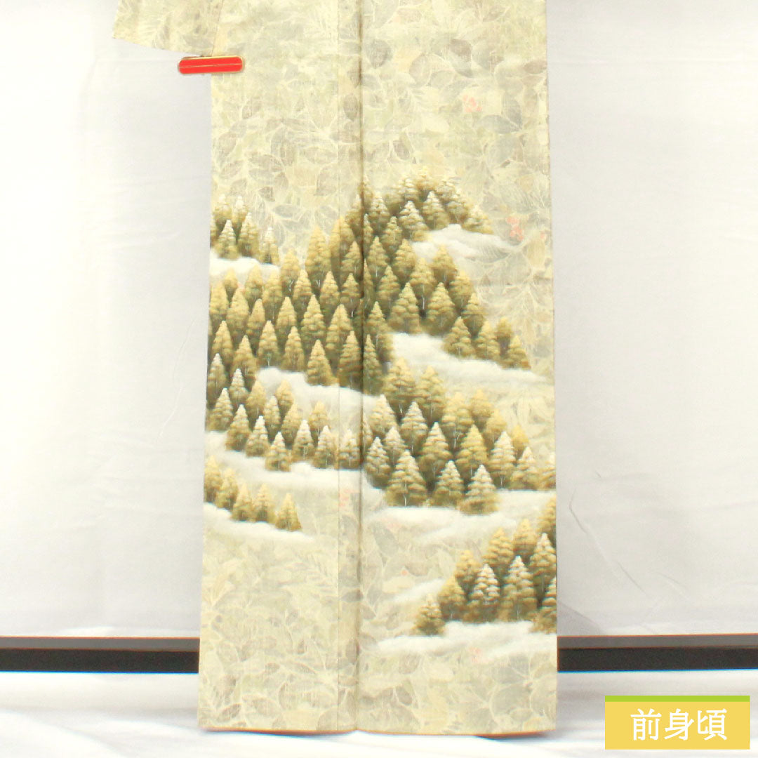 Homongi (formal kimono) made of pure silk, lined, length 163cm, sleeve length 65cm, steamed chestnut color, pongee fabric, landscape pattern, floral pattern, S rank, green, 1112005042419