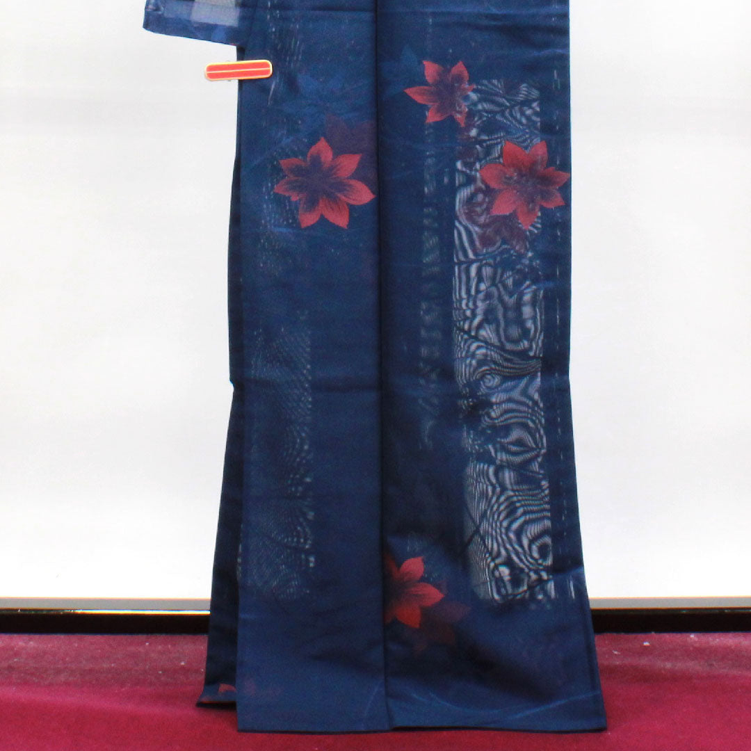夏物 正絹 小紋 身丈168cm 裄丈63.5cm 紺桔梗色(こんききょういろ) 草花模様 しつけ糸付き 未使用品 紗 Sランク 紺系 1132001282518