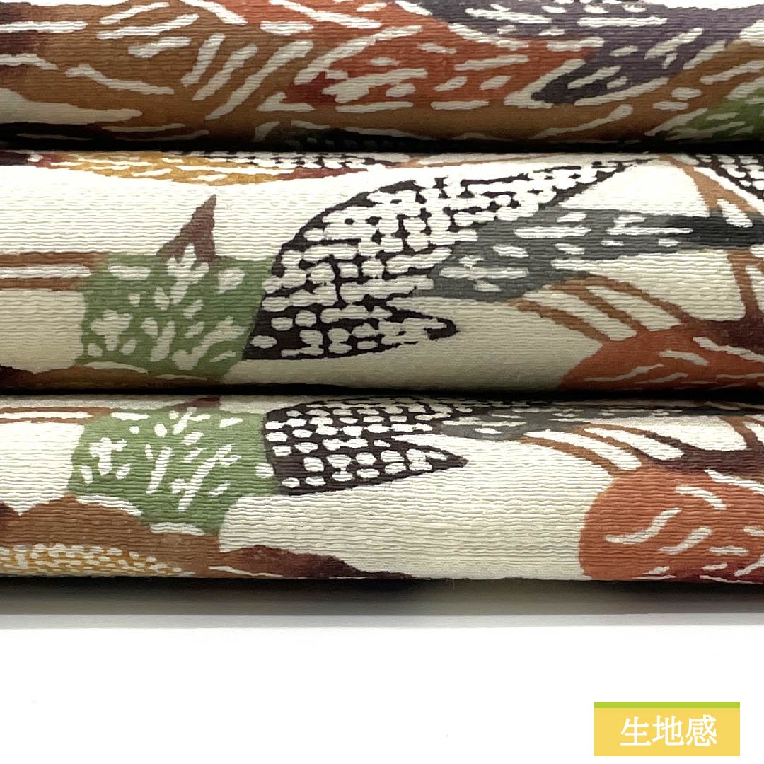 名古屋帯 正絹 Bランク 生成り色(きなりいろ) 型染 紅型調 抽象草花模様 帯丈348cm 六通 カジュアル クリーム系 1124009744315 名古屋仕立て