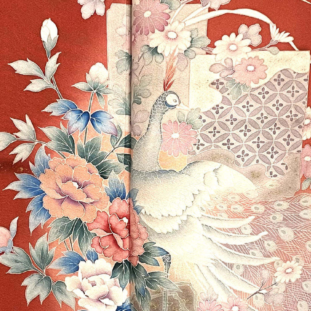 訪問着 袷 身丈158.5cm 裄丈65cm 蘇芳色 孔雀 草花模様 正絹 Aランク 赤系 1112001663312