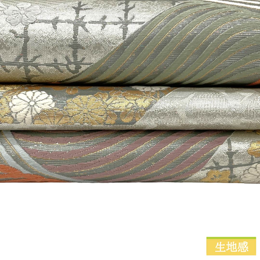 袋帯 正絹 Sランク 銀色(ぎんいろ) 佐賀錦 波 菊花 帯丈434cm 六通 フォーマル 銀系 1123018592322