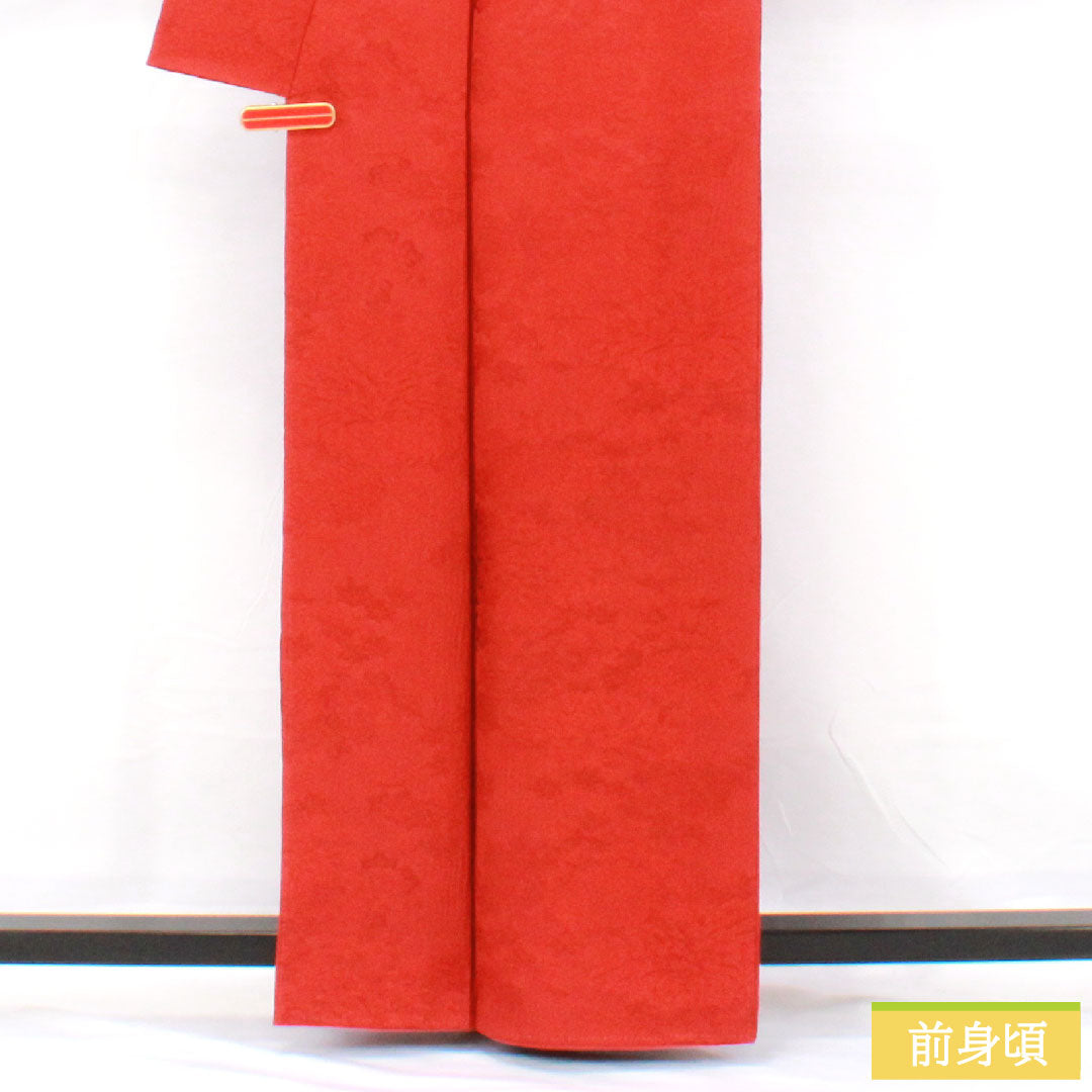色無地 正絹 身丈161.5cm 裄丈63.5cm 紅絹色(もみいろ) 綸子 一つ紋 陰上り藤 袷 Sランク 赤系 1114002102412