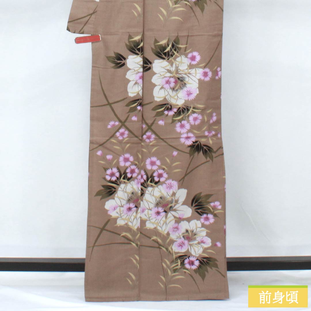 浴衣 木綿 身丈163.5cm 裄丈65.5cm Sランク 単衣 ベージュ系 茶鼠色(ちゃねずいろ) 撫子 1118006202425