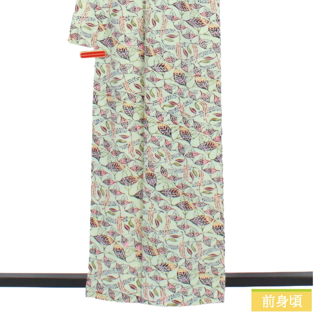 夏物 正絹 小紋 Sランク 身丈160cm 裄丈65cm 薄緑色(うすみどりいろ) 型染 葉模様 絽 緑系 1132005012419