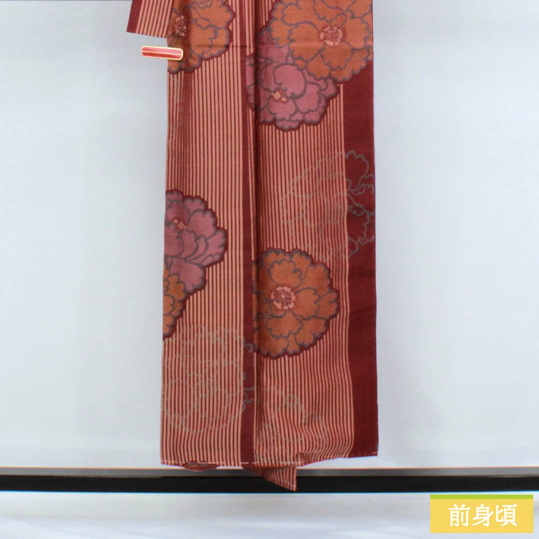 紬 正絹 Sランク 身丈151.5cm 裄丈64.5cm 皆紅色(かいこうしょく) 牡丹 お召 アンティーク 袷 赤系 1116004222212