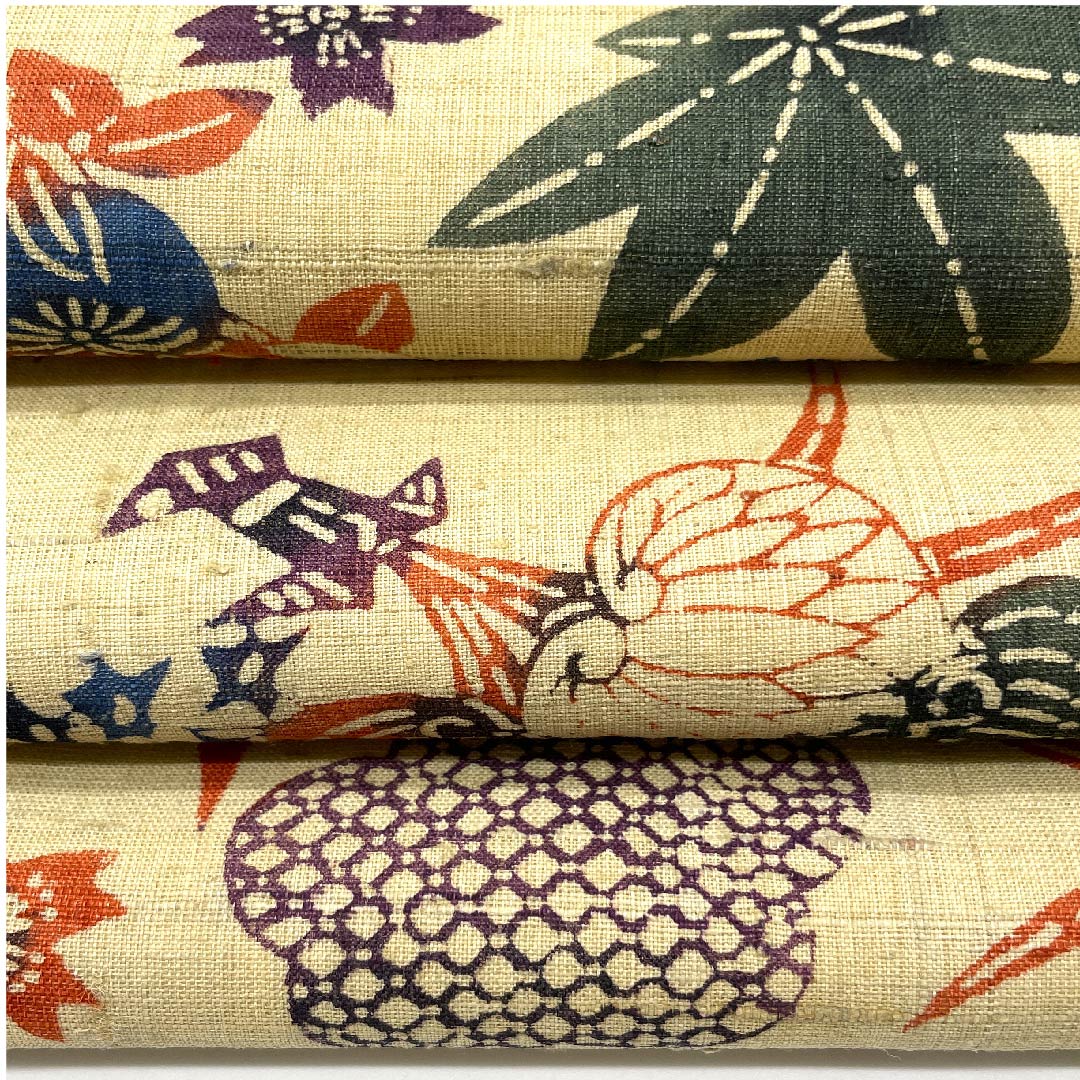 Nagoya obi, mulberry-colored, white-brown, pongee fabric, hollyhock, tangerine, pine, maple leaves, cherry blossoms, obi length 362cm, pure silk, S rank, full-length, casual, beige, 1124004672325, Nagoya-made