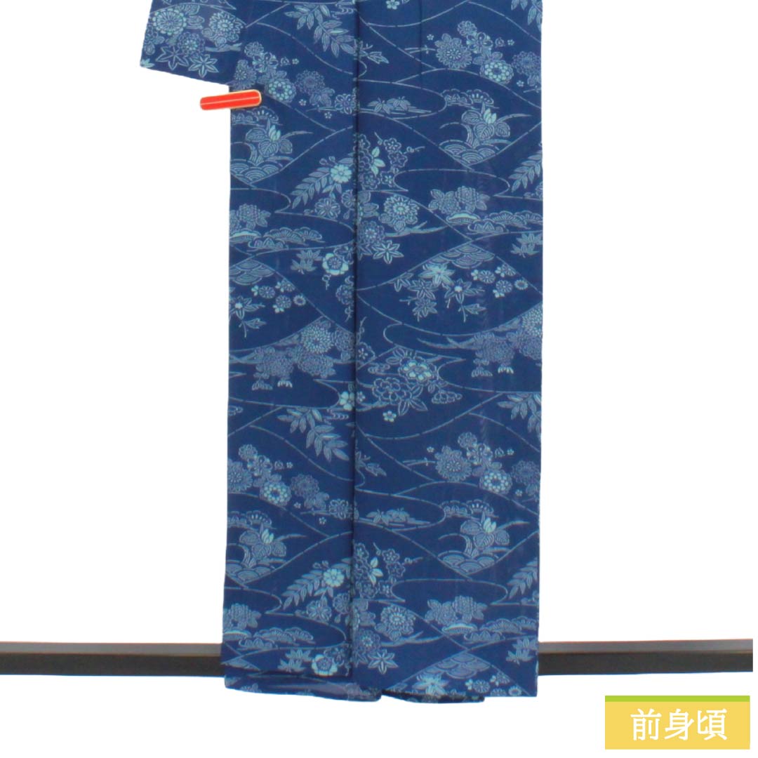夏物 正絹 小紋 Aランク 身丈156.5cm 裄丈62.5cm 瑠璃色(るりいろ) 型染 吉祥文様 スコッチガード加工 絽 青系 1132004683317