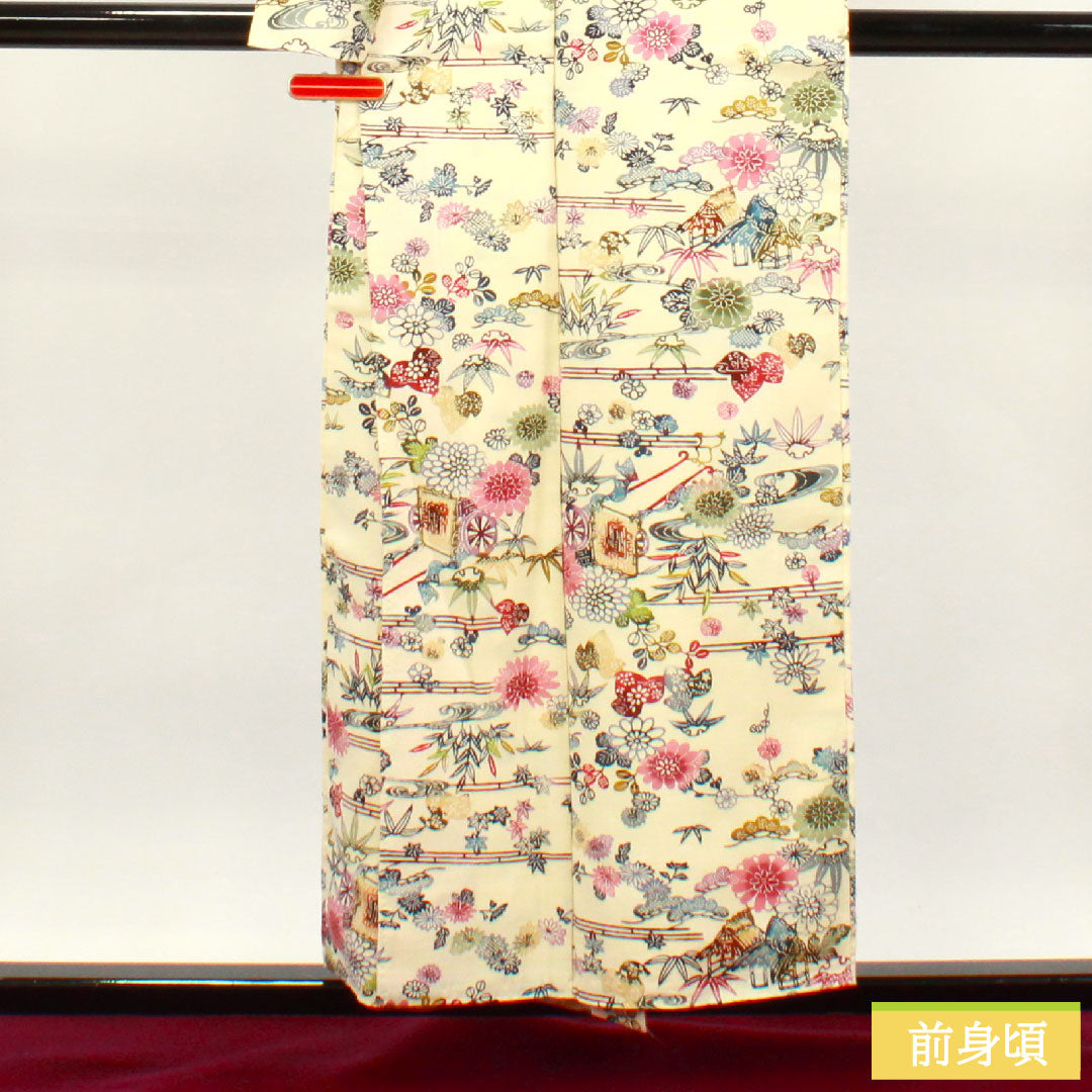小紋 正絹 身丈154.5cm 裄丈62.5cm 袷 乳白色 紬地 京紅型 松竹梅 花車 流水 Sランク クリーム系 1115003542215