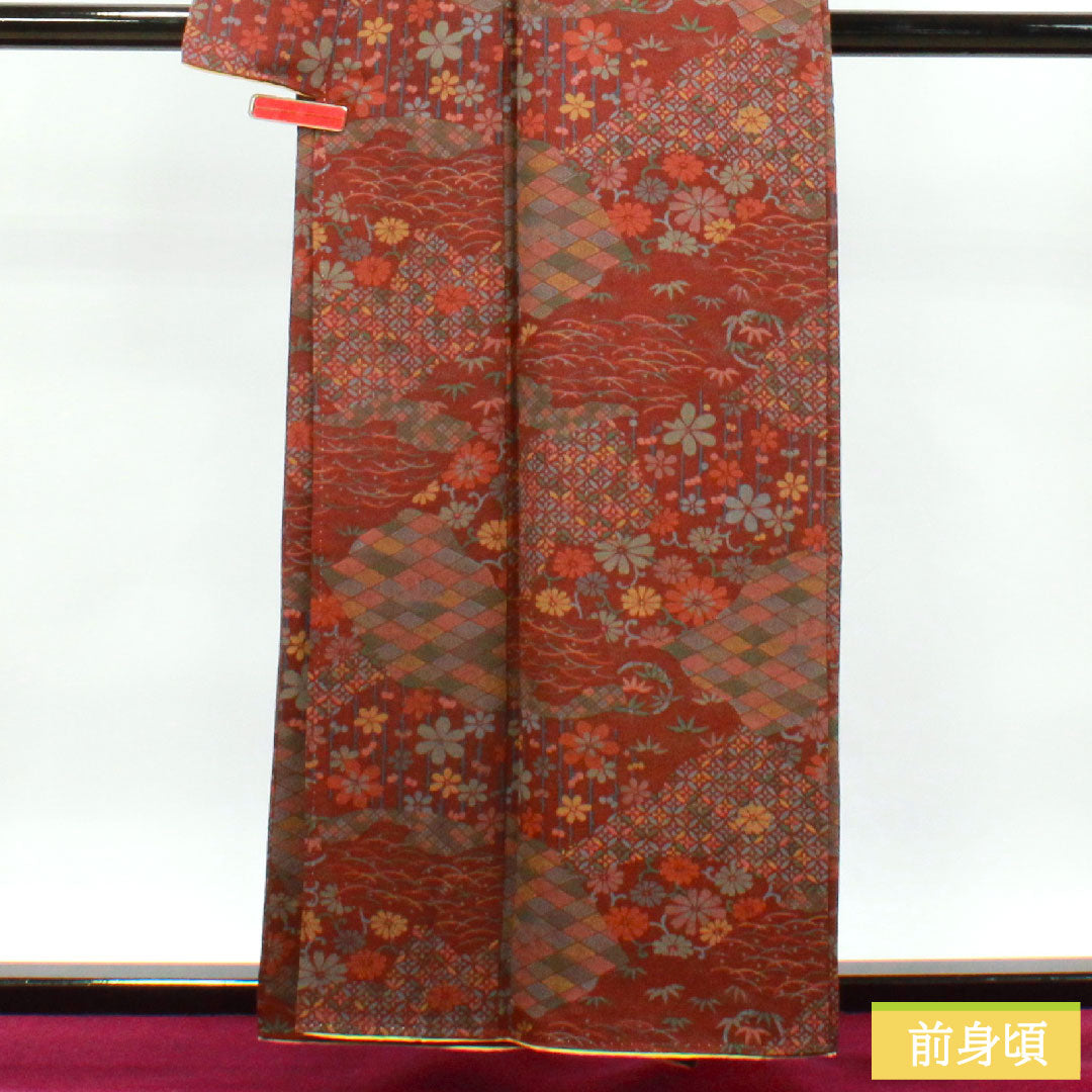 小紋 正絹 身丈157.5cm 裄丈63.5cm 袷 褐色 吉祥文様 Aランク 茶系 1115003583314