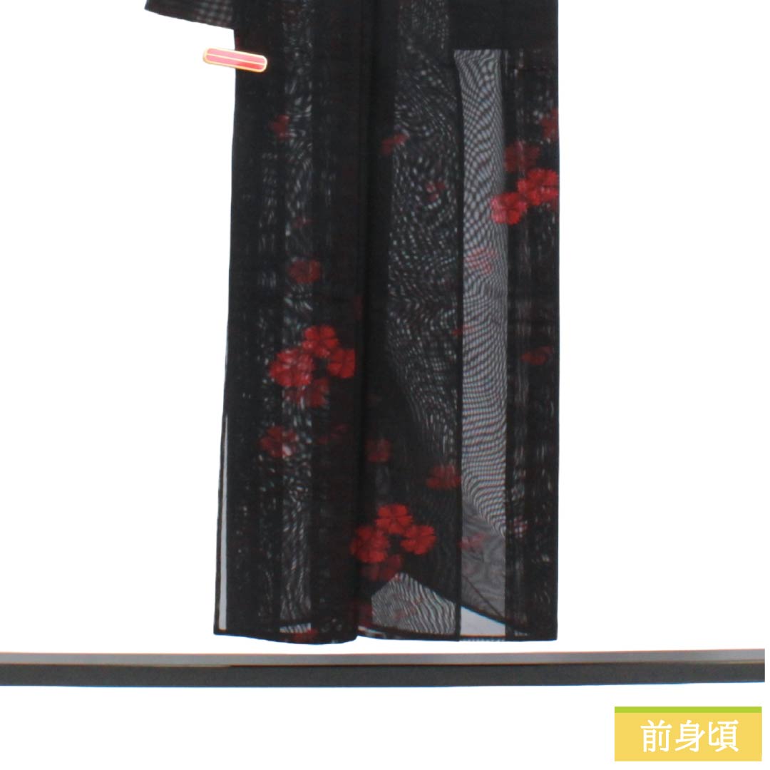 夏物 正絹 お召 Aランク 身丈150.5cm 裄丈63cm コスモス 紗 黒系 1132004653110