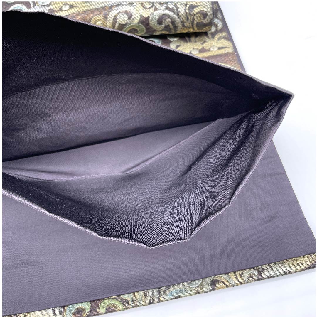 (未仕立)袋帯 憲房色(けんぼういろ) 金唐皮(きんからかわ) 抽象模様 帯丈478cm 正絹 Sランク 六通 フォーマル 茶系 1123006082414