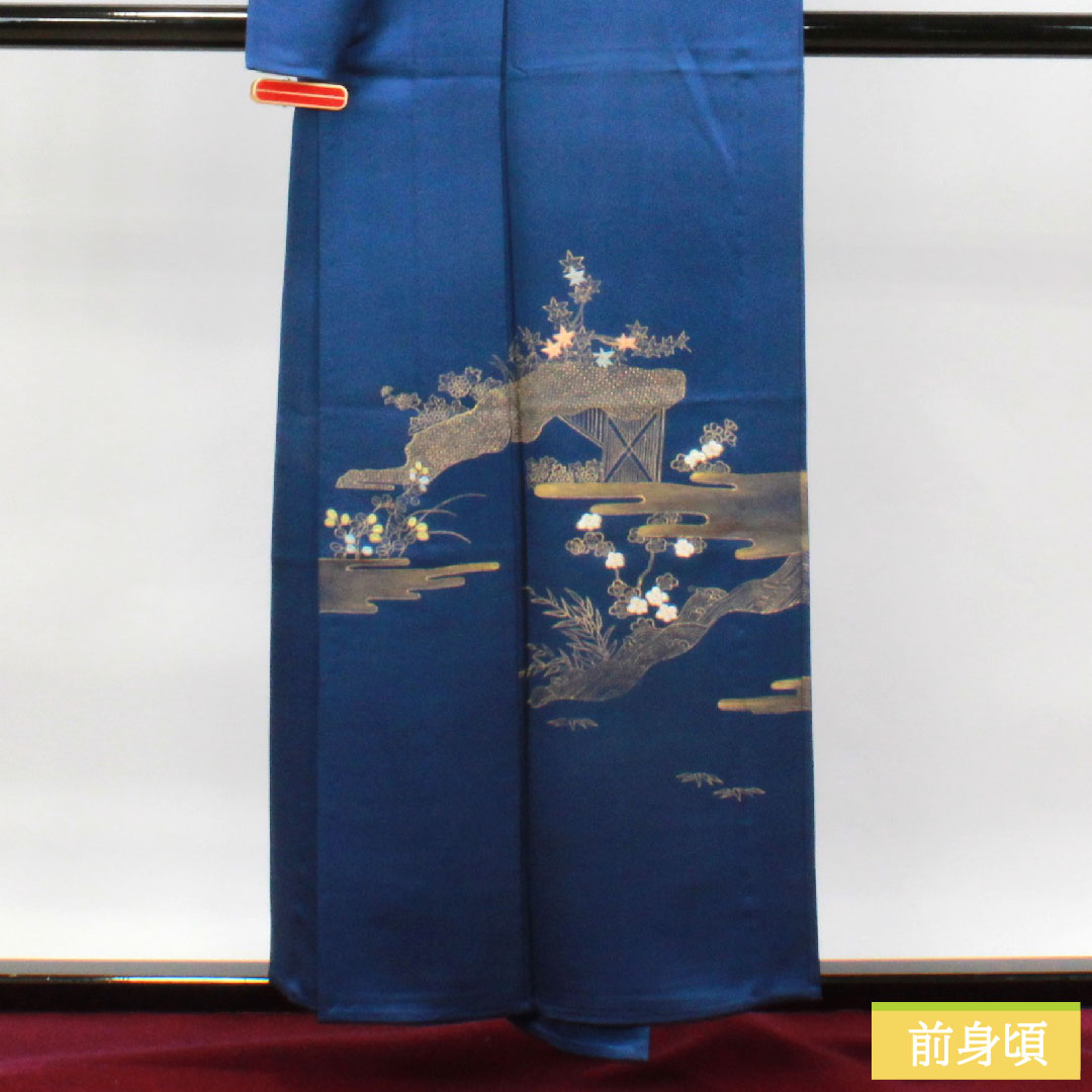 訪問着 正絹 単衣 身丈154.5cm 裄丈63.5cm 濃桔梗色 金彩加工 草花模様 Sランク 紺系 1112003352218