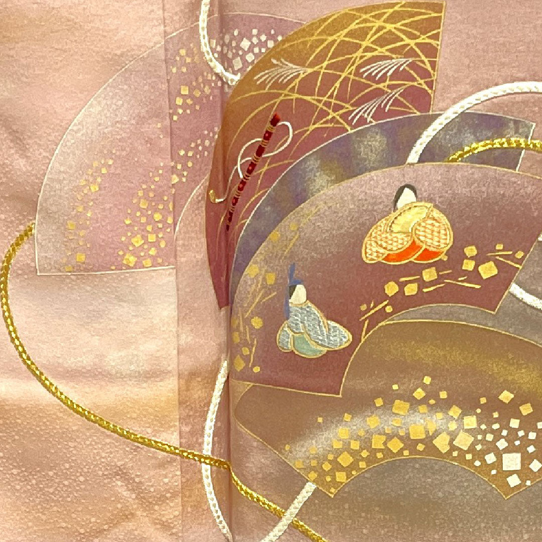 訪問着 袷 身丈157cm 裄丈64cm 退紅色 人間国宝 福田喜重 刺繍 人物模様 正絹 Sランク ピンク系 1112001892313