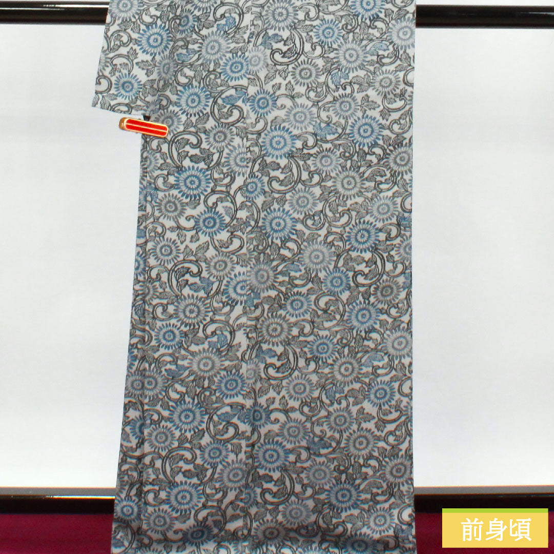 小紋 正絹 身丈172cm 裄丈64cm 袷 白銅色 京紅型 菊 Sランク グレー系 1115003572622
