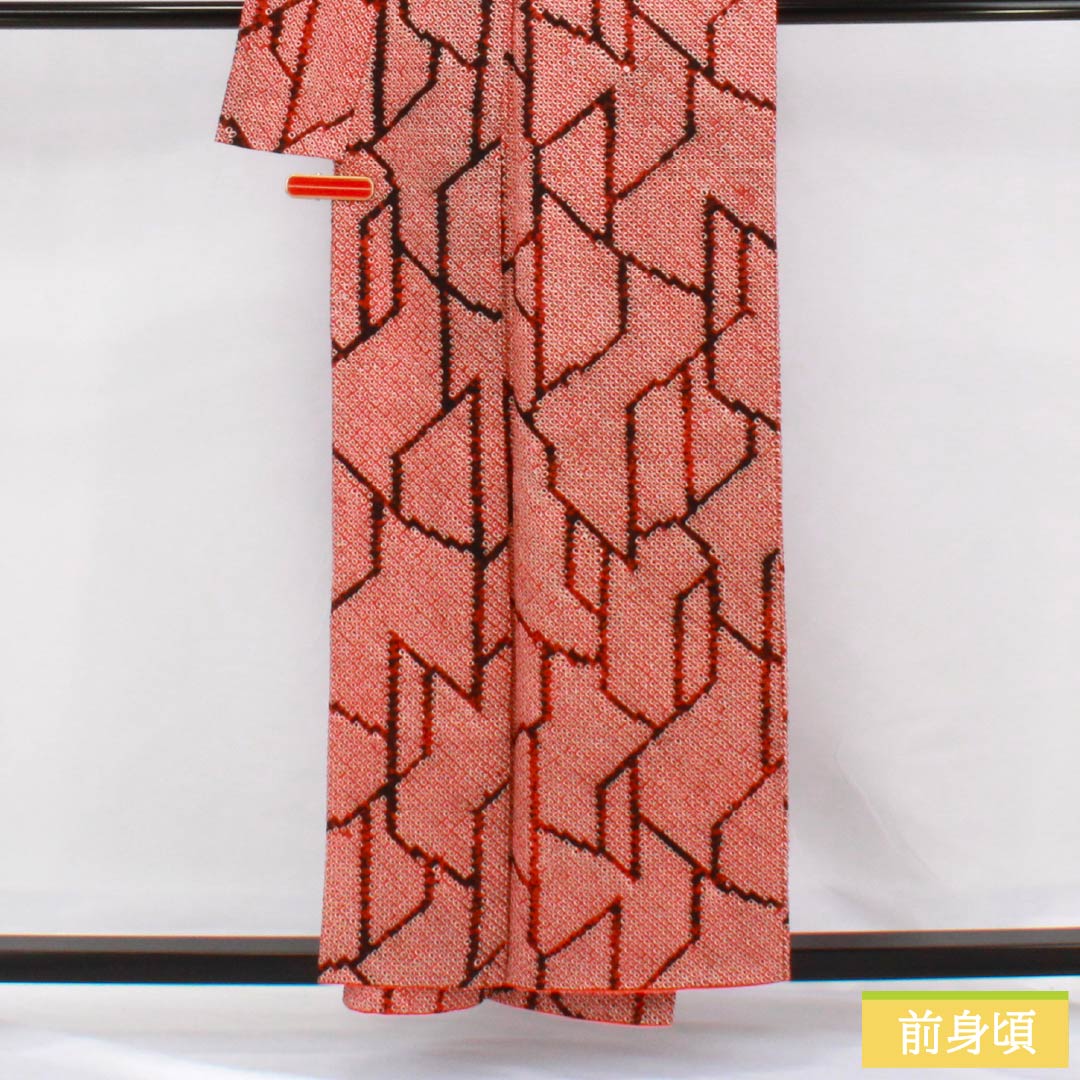 小紋 正絹 Aランク 身丈156cm 裄丈63cm 袷 赤色(あかいろ) 絞り 幾何学模様 赤系 1115006483312