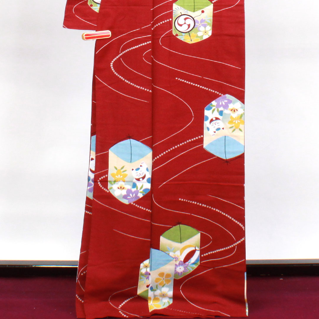 浴衣 深紅色 灯篭流し 桜 猫 木綿 Sランク 単衣 身丈167.5cm 裄丈70cm 赤系 1118001922512