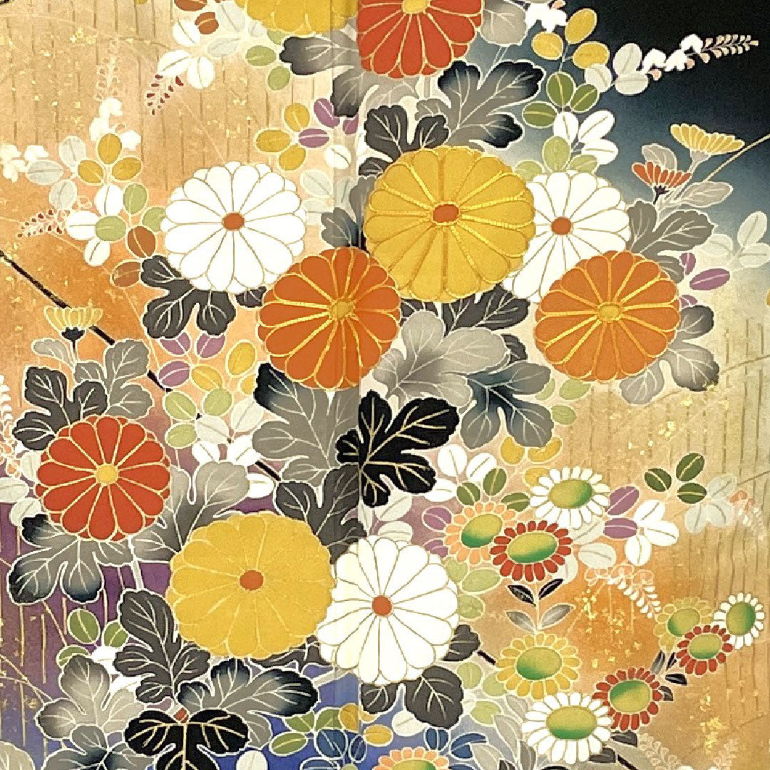 黒留袖 身丈161cm 裄丈66cm 袷 菊 萩 正絹 Sランク 五つ紋 黒系 1111000202410