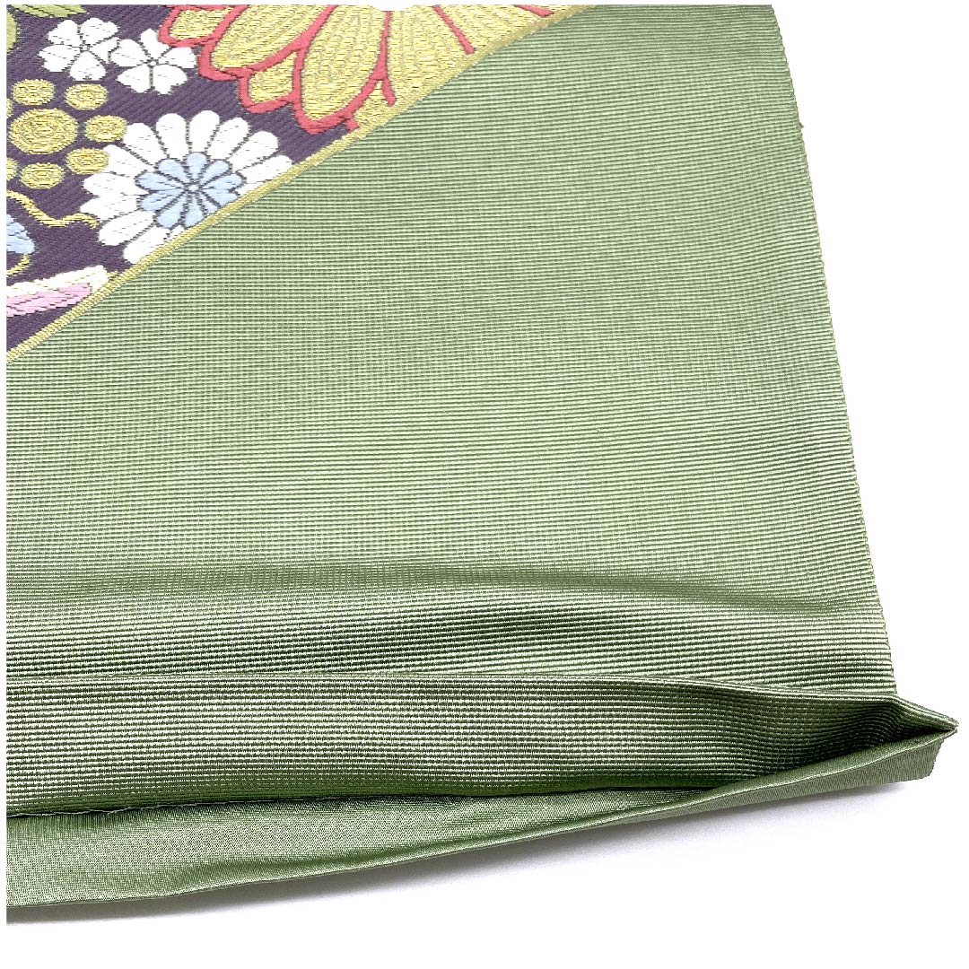 袋帯 山葵色(わさびいろ) 宝尽くし 花柄 高島織物 帯丈435cm 正絹 Sランク 六通 セミフォーマル 緑系 1123007162319